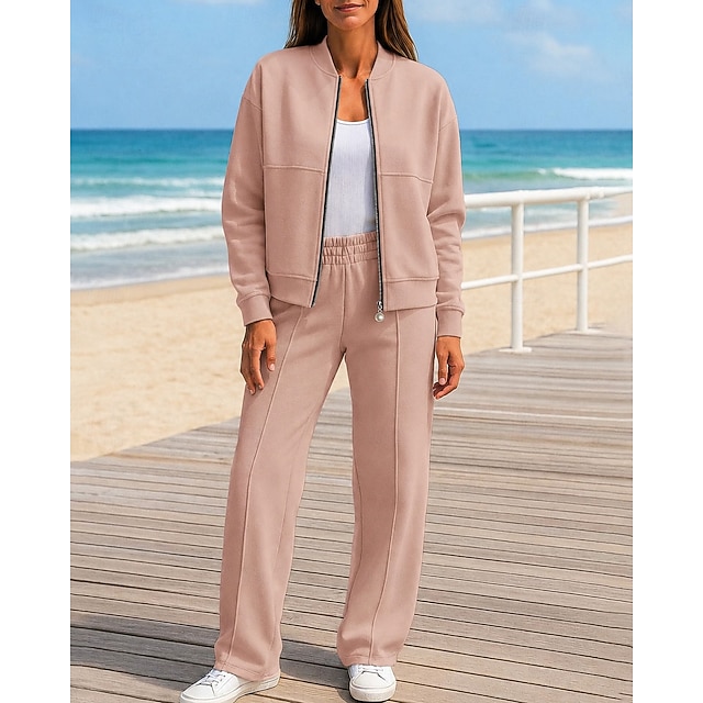 Women's 2 Piece Outfits Lounge Sweatsuit Pocket Solid Colored Clothing Suit Fall Black White Spandex Outdoor Travel Sports Moisture Wicking Long Sleeve Sport Activewear Micro-elastic Regular Fit - Pink