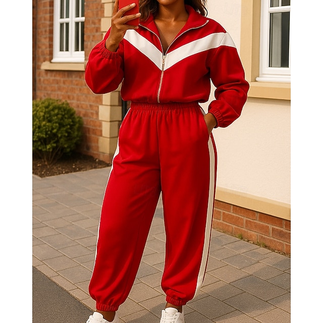 Women's Tracksuit Sweatpants Track Pants Zipper Pocket Solid Colored Clothing Suit Spring Fall White Black Gym Running Training Windproof Long Sleeve Sport Activewear Micro-elastic Regular - Red