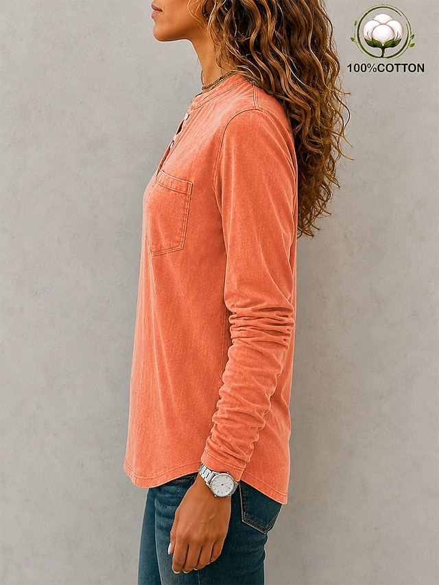 Women's Washed Cotton 100% Cotton Henley Shirt Solid Color Vintage Fashion Stylish Long Sleeve Crew Neck Long Tops Casual Beach Blue Purple Orange Spring Fall Winter - Orange