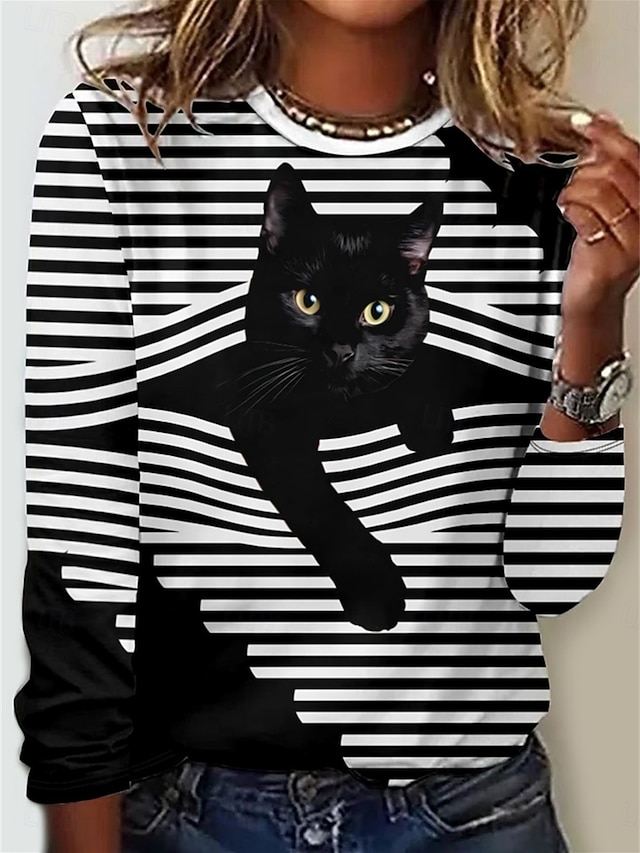 Women's T shirt Crew Neck Long Sleeve Tunic Cat Striped Casual Regular Tops Daily Print Black Green Spring Fall MAO - Black