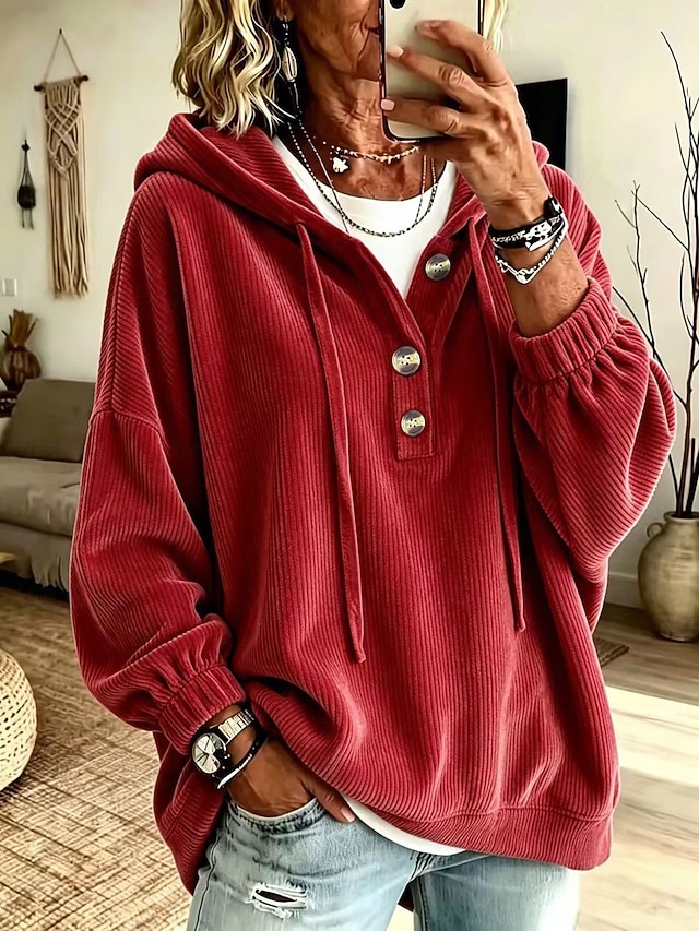 Women's Corduroy Tops Pocket Buttons Classic Modern Casual Long Sleeve Hooded Long Tops Casual Holiday Going out Blue Black Red Green Spring Fall - Red