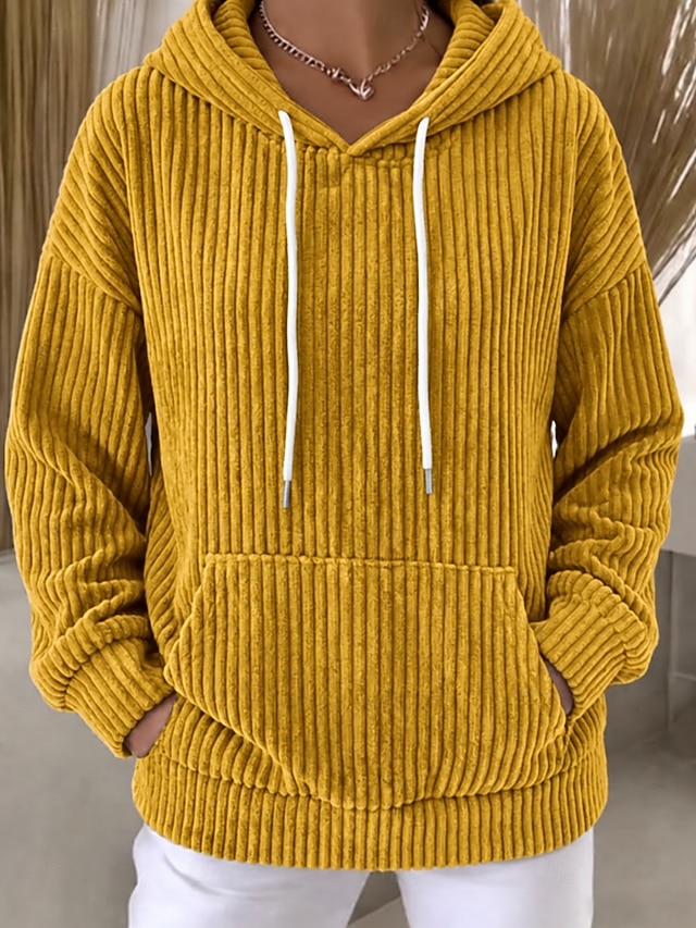 Women's Corduroy Tops Pullover Hoodie Sweatshirt Pocket Plain Warm Active Vintage Long Sleeve Hooded Regular Tops Casual Home Street Blue Purple Fall Winter - Blue