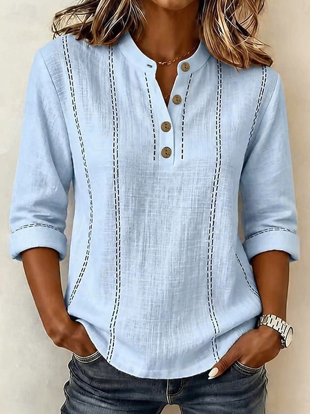 Women's Shirt Cotton Linen Shirts Vacation Vintage Daily Stand Collar Long Tops Casual Daily Work Blue Pink Beige Summer Spring - Blue