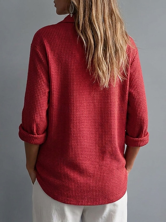 Women's Casual Vintage Waffle Knit Shirt Texture Buttons Long Sleeve Turndown Long Tops Black Yellow Burgundy Summer Fall - Burgundy