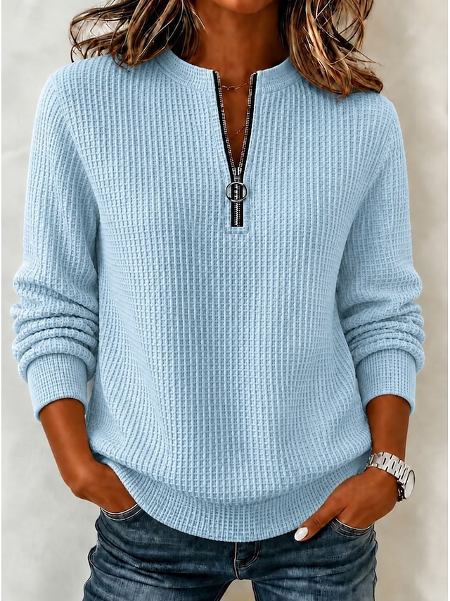 Women's Waffle Polo Shirts Solid Color Bohemia Active Vacation Long Sleeve Crew Neck High Neck Long Tops Casual Daily Holiday Blue Yellow Red Sky Blue Summer Spring Fall Winter - Sky Blue