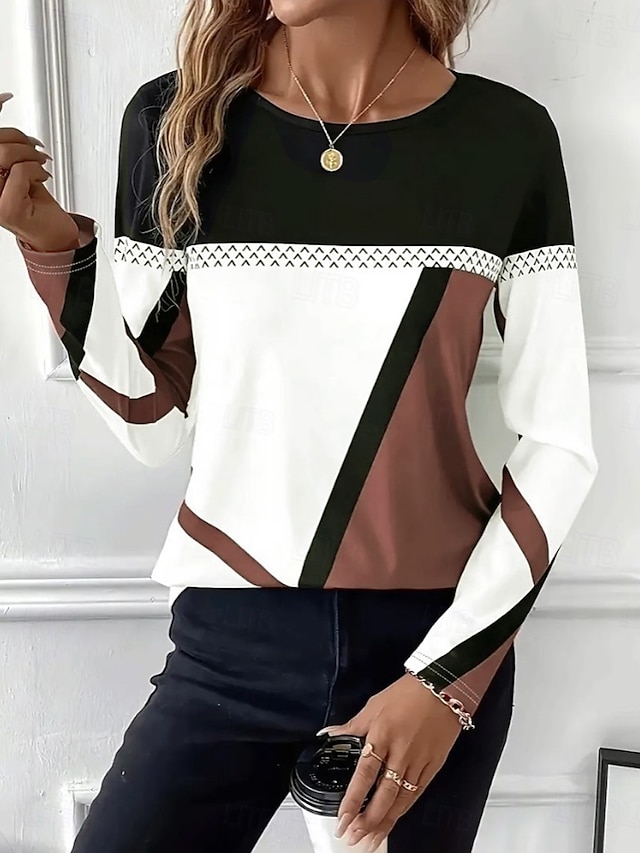 Easter Women's T shirt Long Sleeve Crew Neck Long Sleeve Tunic Graphic Plaid Vintage Stylish Classic Round Neck Regular Tops Daily Print Black Red Blue Purple Brown Fall Prefall - Brown