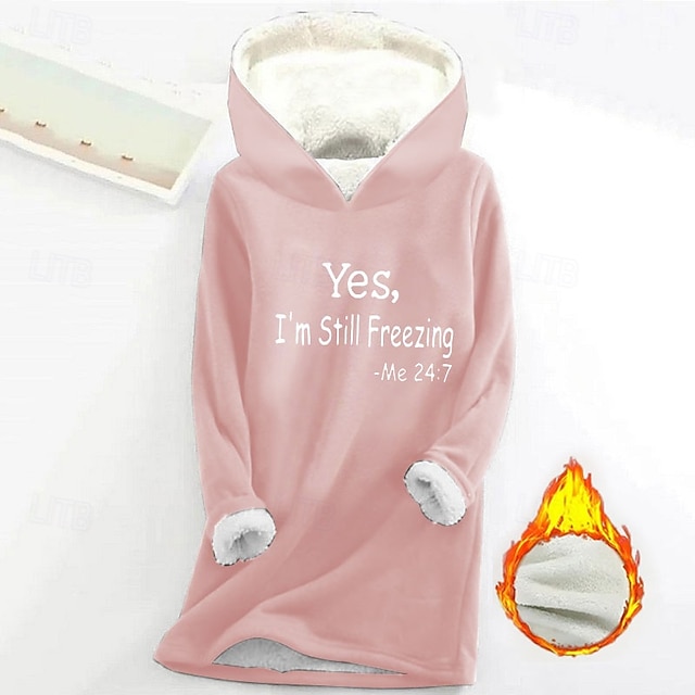 Women's Hoodie Sweatshirt Pullover Sherpa Letter Casual Sports Print Warm Fuzzy Comfort Hoodie Long Sleeve Top Micro-elastic Fall & Winter Comfort Breathable Soft Fabric - Blue