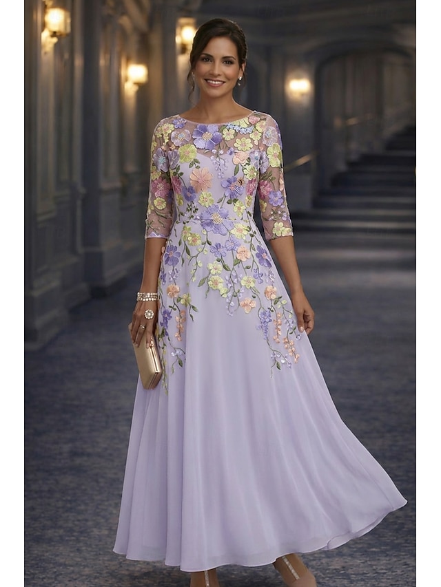 A-Line Floor Length Lace Dress Mother of the Bride Dress Long Sleeve Crew Neck Illusion Neck Elegant Vintage Formal Wedding Guest Wedding Party Chiffon Lace with Floral Print 3D Flowers Embroidery - Lavender