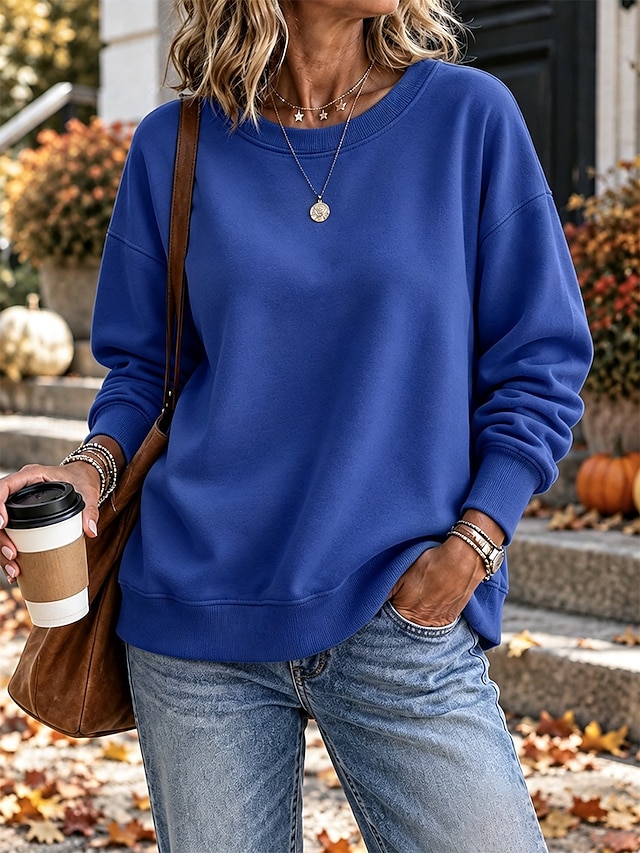 Women's Fleece Pullover Sweatshirt Pullover Cotton Elegant Ethnic Romantic Long Sleeve Crew Neck Round Neck Regular Tops Casual Holiday Blue White Black Yellow Red Spring Fall Winter - Blue