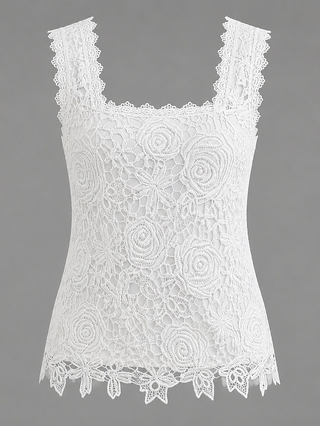 Women's Lace Tops Lace Patchwork Elegant Sleeveless Square Neck Regular Tops Casual Blue White Black Pink Red Summer - White