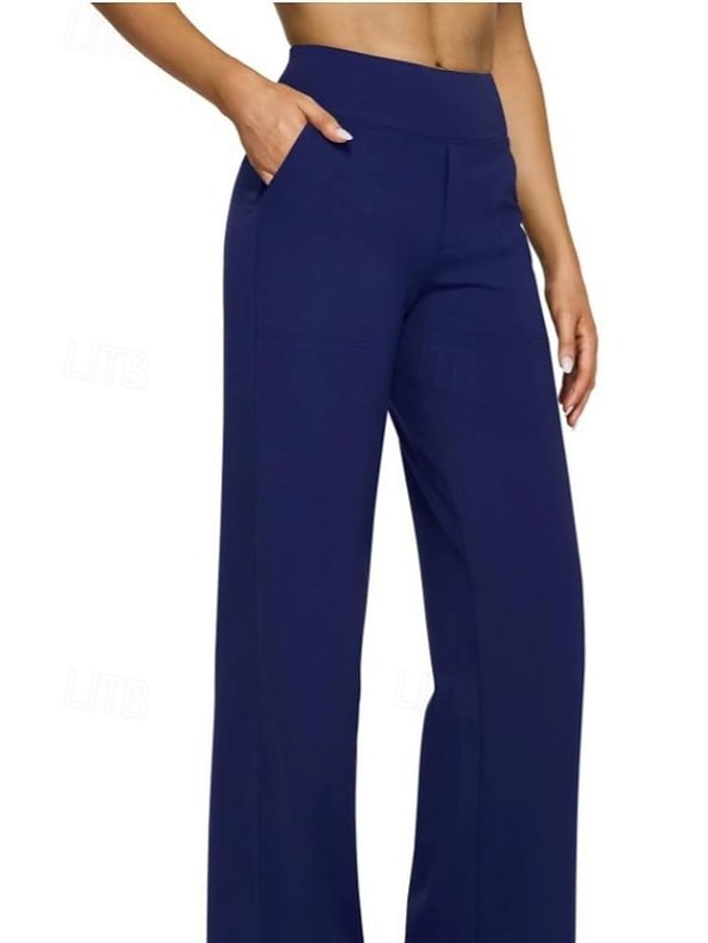 Women's Trousers Casual Pants Straight Fashion Streetwear Basic Full Length High Waist Plain Pocket Elastic Waist Comfort Micro-elastic Daily Vacation Street Blue Black White Almond Spring Fall Loose - Blue