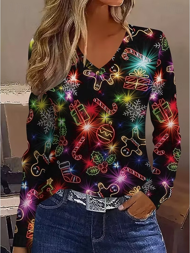 Christmas Women's T Shirt Graphic Vintage Stylish Classic Long Sleeve V Neck Regular Tops Daily Print Gray / Red Black+White+Red Black Wine Red Spring Fall Winter - Black+White+Red