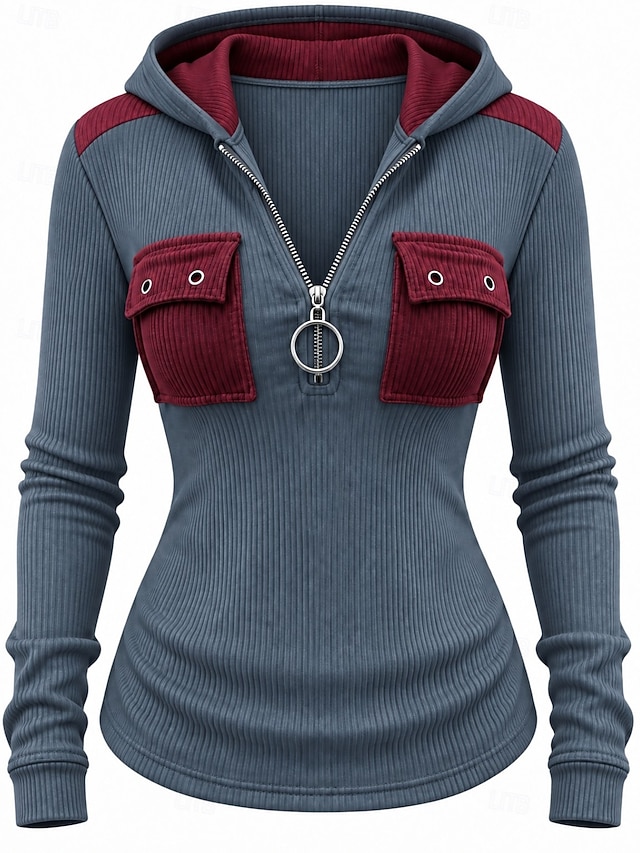 Women's Tunic Patchwork Pocket Vintage Stylish Long Sleeve V Neck Regular Tops Casual Daily Streetwear Black Spring Fall Winter - Black