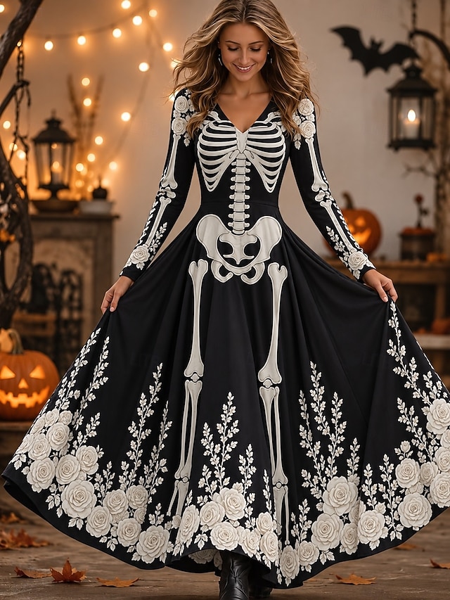 Halloween Women's Floor length A Line Dress Elegant Vintage Designer Party Ombre Graphic Long Sleeve V Neck White Black Red Fall Winter - Black