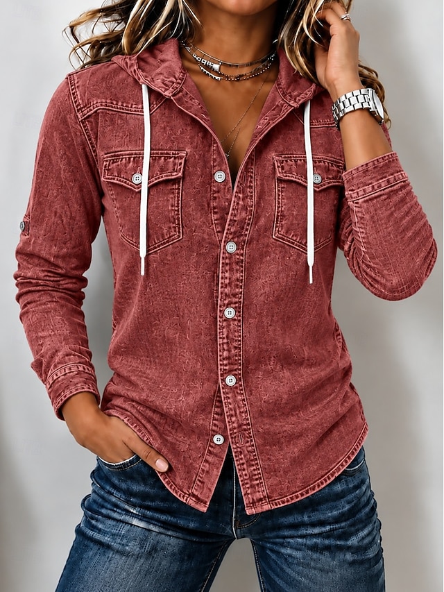 Women's Denim Blouse Denim Shirt Henley Shirt Graphic Plain Vintage Fashion Stylish Long Sleeve Hooded Regular Tops Casual Beach Blue Red Green Summer Spring Fall Winter - Red