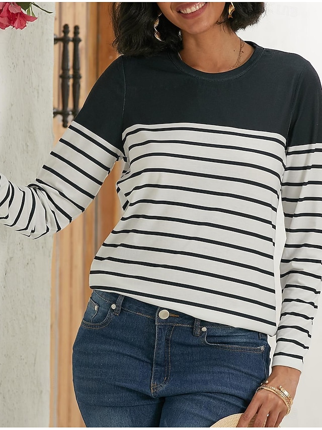 Women's T shirt Long Sleeve Crew Neck Long Sleeve Tunic Striped Basic Round Neck Regular Tops Daily Weekend Print Black White Red Blue Gray Fall & Winter Prefall - Black