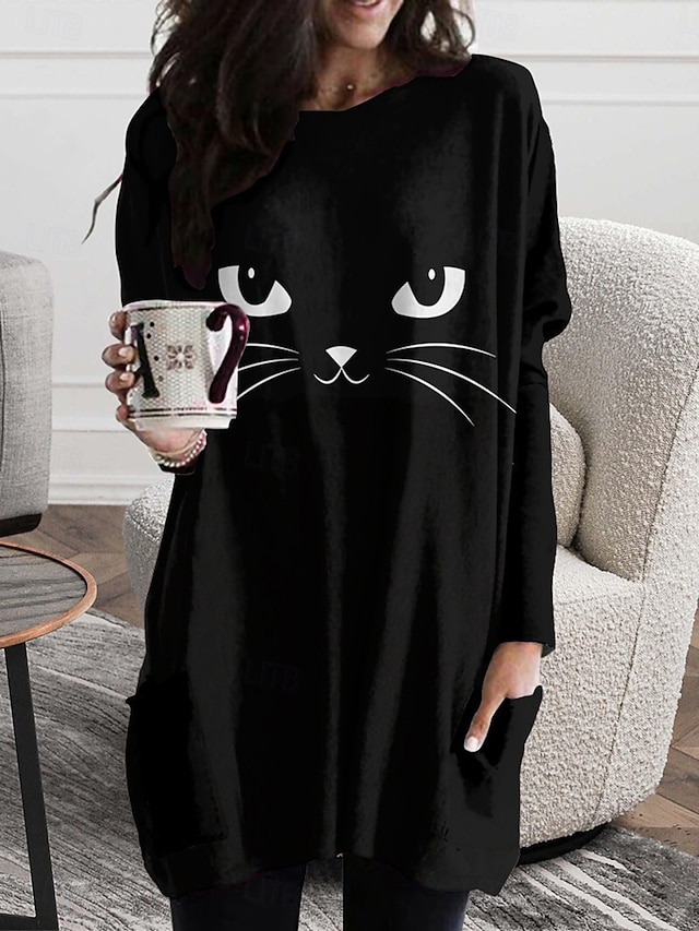 Halloween Women's Black Cat Face Tunic T Shirt Oversized Long Sleeve Crew Neck Pocket Casual Long Top Black White - Black