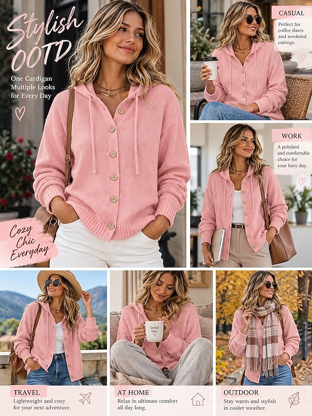 Women's Button Down Knit Cardigan Hooded Long Sleeve Casual Sweater with Drawstring - Pink