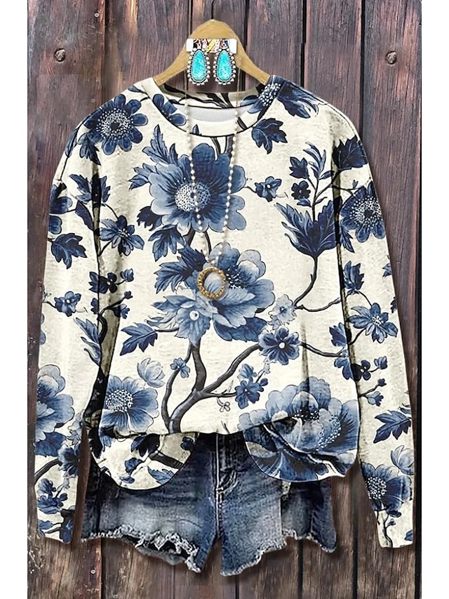 Women's Pullover Sweatshirt Print Floral Graphic Casual Long Sleeve Crew Neck Regular Tops Casual Street Dailywear Blue Black Pink Orange Gray Spring Fall Winter - Light Blue