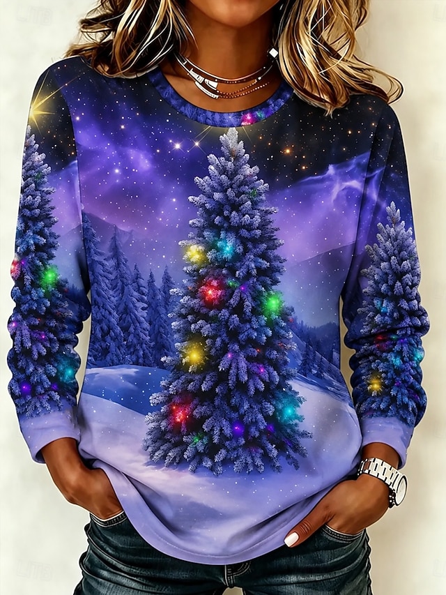 Christmas Women's T Shirt Print Graphic Christmas Tree Vintage Fashion Stylish Long Sleeve Crew Neck Regular Tops Casual Daily Weekend Blue Black Red Purple Spring Fall Winter - Purple