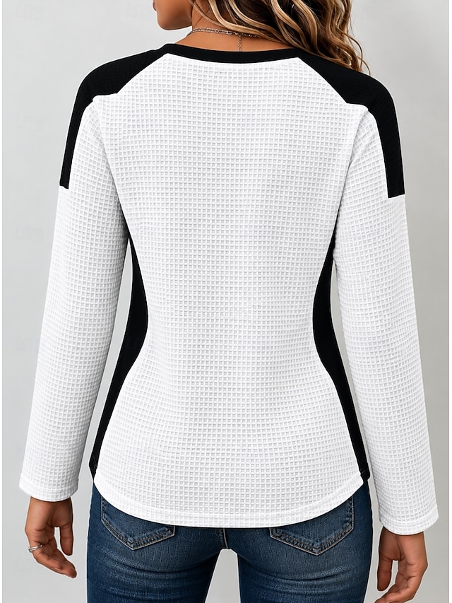Women's Waffle Polo Shirts Patchwork Solid Color Bohemia Active Vacation Long Sleeve V Neck High Neck Regular Tops Casual Daily Holiday Blue White Red Summer Spring Fall Winter - White