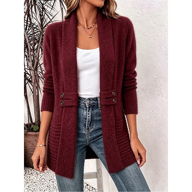 Women's Long Cardigan Knit Cardigan Streetwear Work Open Front Knitted Long Sleeve Long Tops Knit claret Coffee brown Fall Winter - claret