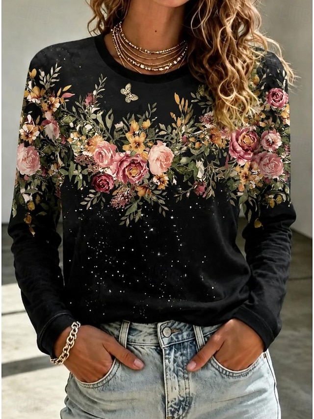 Women's T Shirt Print Floral Graphic Plants Fashion Classic Casual Long Sleeve Crew Neck Regular Tops Casual Daily Weekend Blue White Black Pink Spring Fall - Black