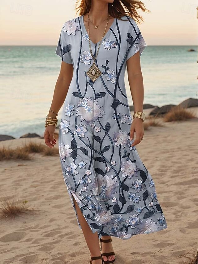 Women's Maxi Dress Casual Dress A Line Dress Stylish Casual Vacation Daily Regular Fit Floral Short Sleeve V Neck White Light Green Blue Green Summer Spring - Light Blue