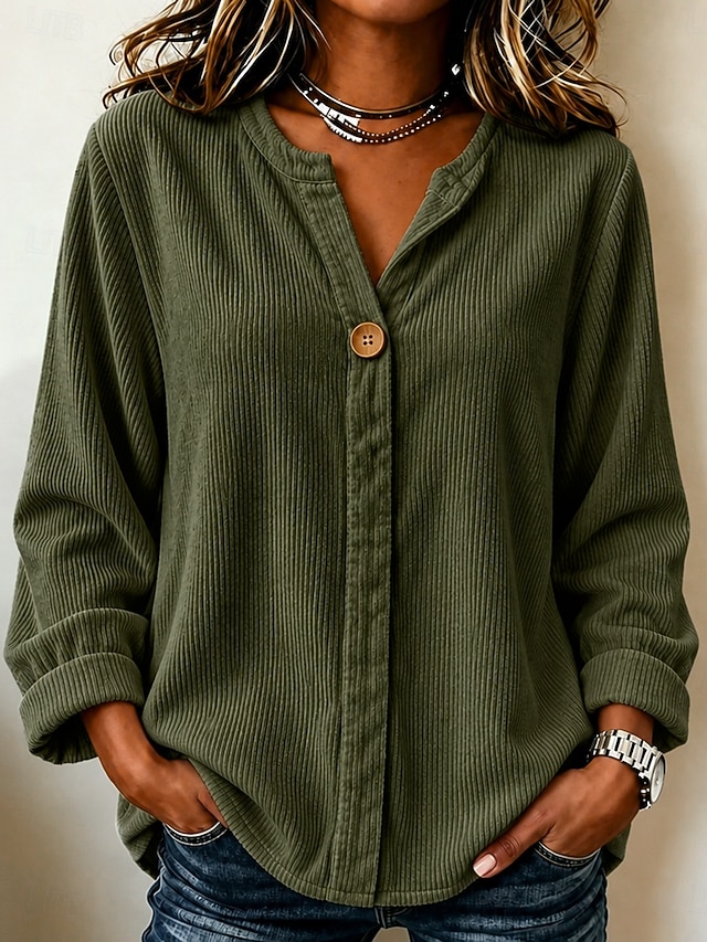 Women's Corduroy Shirt Blouse Ruffle Blouse Texture Buttons Solid Color Plain Vintage Daily Stylish Long Sleeve V Neck Regular Tops Casual Army Green Beige Gray Spring Fall Winter - Army Green