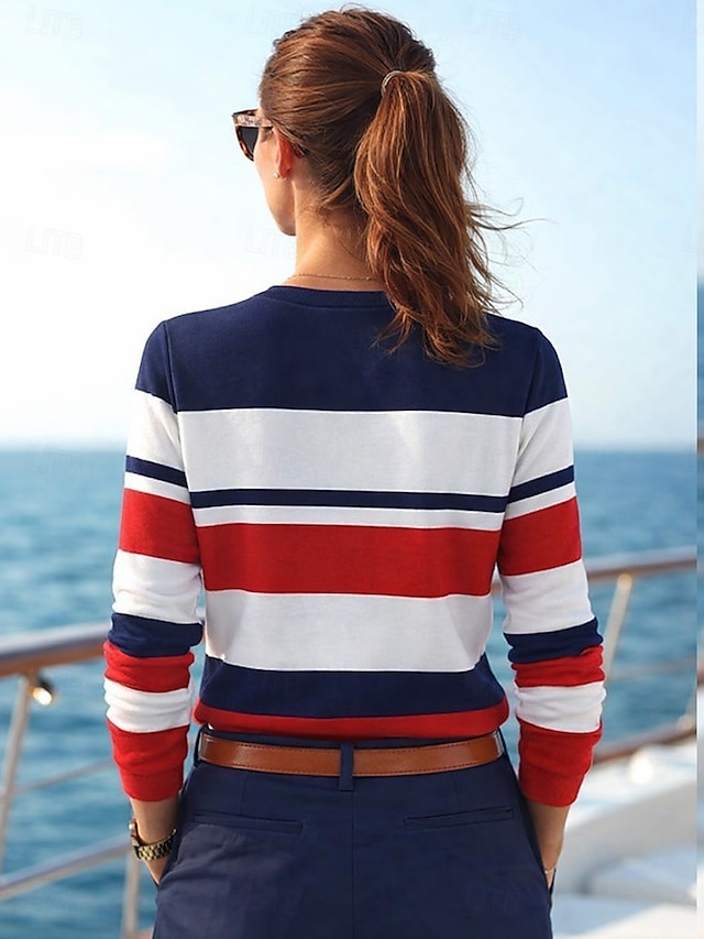 Women's T Shirt Print Striped Graphic Geometric Ocean Vintage Fashion Stylish Long Sleeve Crew Neck Regular Tops Daily Navy Blue Summer Spring - Navy Blue