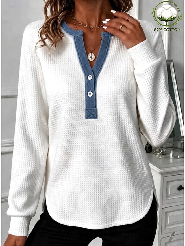 Women's Waffle Polo Shirts Bohemia Active Vacation Long Sleeve Crew Neck Long Tops Casual Daily Holiday White Pink Spring Fall Winter - White
