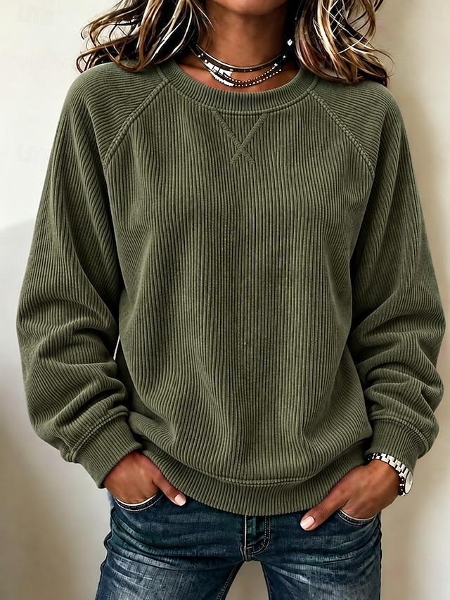Women's Corduroy Tops Textured Pullover Sweatshirt Active Vintage Casual Long Sleeve Crew Neck Regular Tops Casual Holiday Blue Green Spring Fall Winter - Green