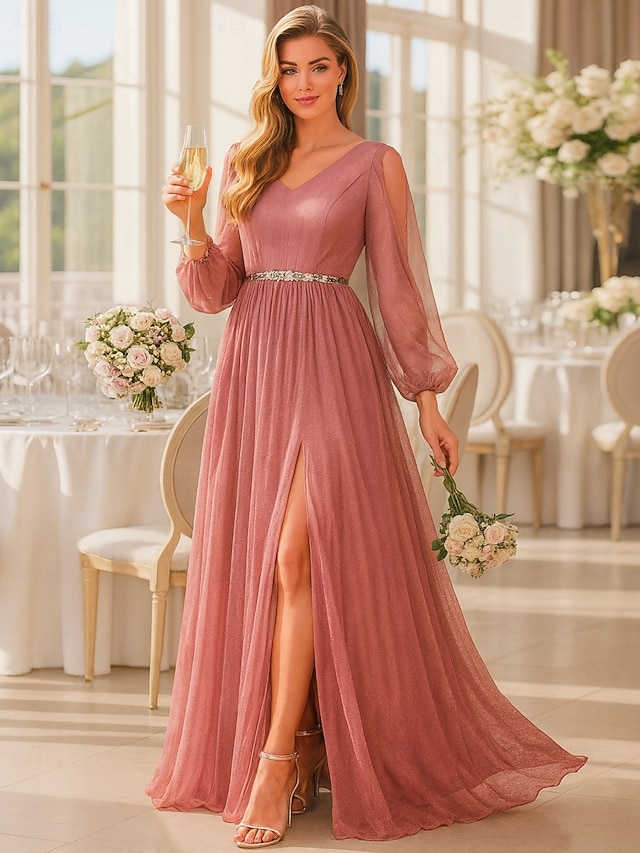 A-Line Floor Length Formal Dresses Evening Gown Mother of the Bride Dress Long Sleeve V Neck Elegant Vintage Party Formal with Pleats Split Front - Pink