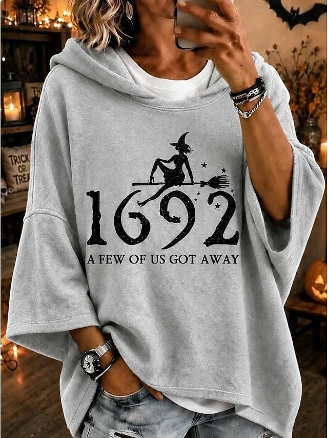 Halloween Women's Pullover Hoodie Sweatshirt Print Graphic Casual 3/4 Length Sleeve Hooded Long Tops Casual Street Dailywear Blue Black Pink Orange Grey Fall Winter - Grey