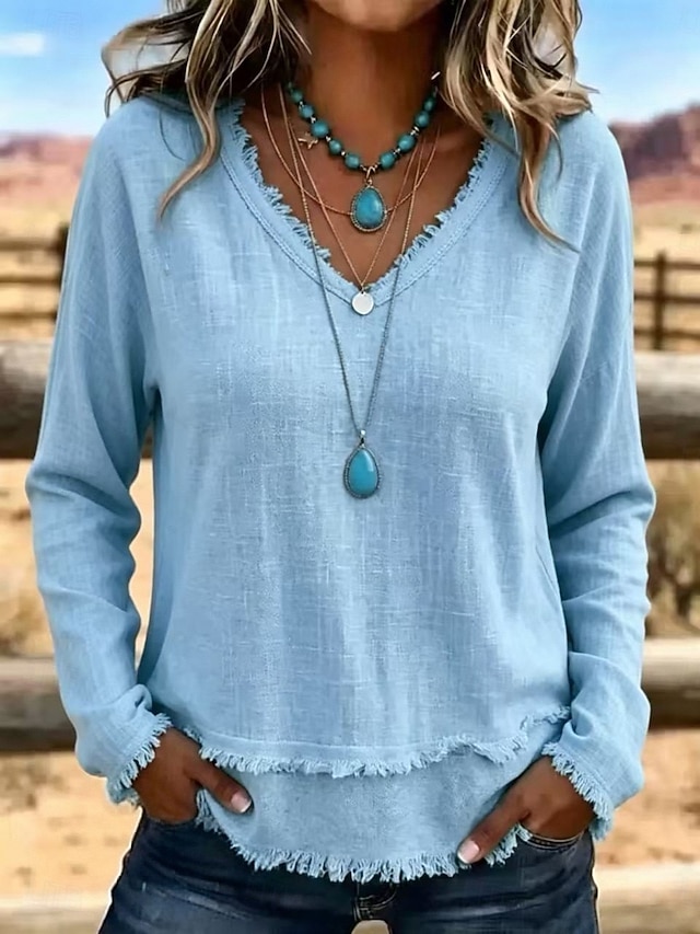 Women's T Shirt Fringe Daily Long Sleeve V Neck Regular Tops Casual Outdoor Streetwear Blue Yellow Light Green Pink Green Fall Winter - Blue