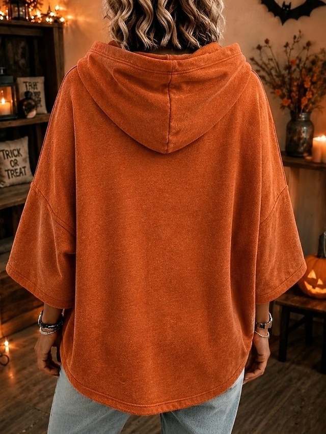Halloween Women's Pullover Hoodie Sweatshirt Print Graphic Casual 3/4 Length Sleeve Hooded Long Tops Casual Street Dailywear Blue Black Pink Orange Grey Fall Winter - Orange