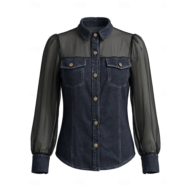Women's Denim Blouse Denim Shirt Button Down Shirt Patchwork Mesh Buttons Elegant Lantern Sleeve Shirt Collar Casual Black Dark Blue Light Blue Summer Spring Fall - Light Blue