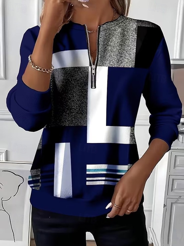 Women's Pullover Sweatshirt Zip Up Sweatshirts Patchwork Zipper Print Graphic Geometric Color Block Fashion Casual Long Sleeve Crew Neck Regular Tops Street Dailywear Blue Wine Green Fall Winter - Blue