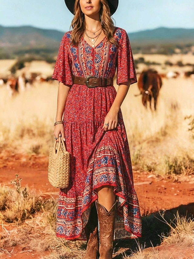 Women's Maxi Dress Boho Dress Casual Dress Floral Dress Elegant Fashion Modern Outdoor Beach Vacation Loose Fit Paisley Short Sleeve V Neck Blue Black Yellow Red Summer Spring - Red