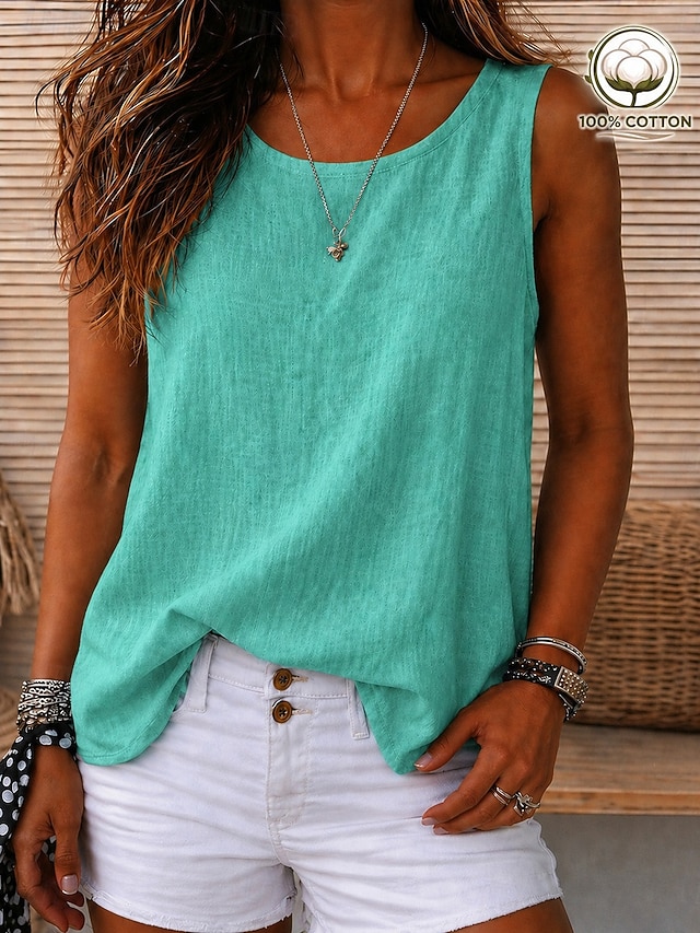 Women's Vintage Cozy 100%Cotton Washed Round Neck Sleeveless Tank Top Casual Black White Sky Blue Orange Violet Summer Spring - Emerald Green