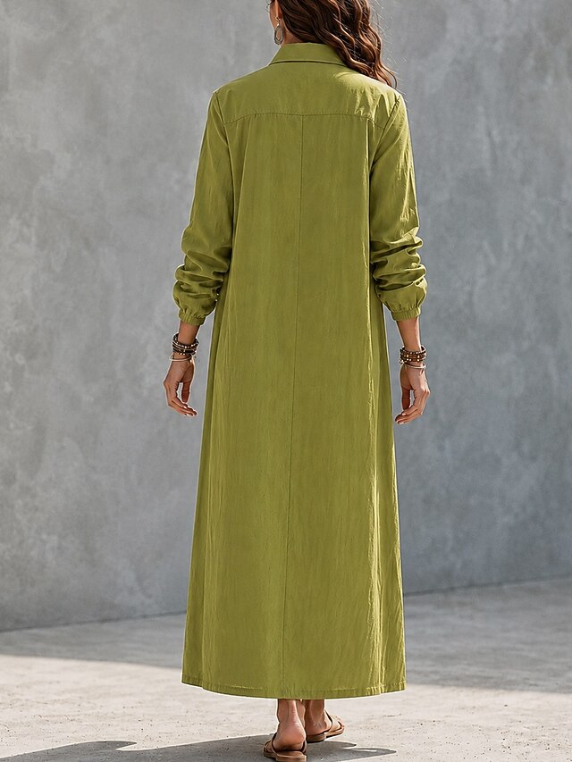 Women's Maxi Dress Shirt Dress Elegant Vacation Designer Solid Color Long Sleeve Shirt Collar Pink Red Green Light Blue Summer Spring Fall - Red