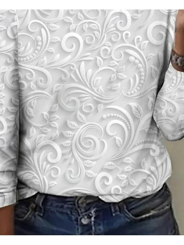 Women's T shirt Long Sleeve Crew Neck Long Sleeve Tunic 3D Print Floral Elegant Vintage Regular Tops Daily Going out Weekend Print Pearl Prefall - Pearl