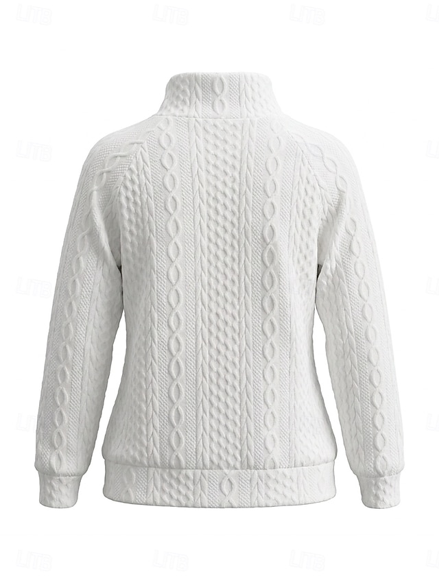 Women's Textured Pullover Sweatshirt Patchwork Buttons Casual Long Sleeve High Neck Regular Tops Home White Black Pink Violet Fall Winter - White