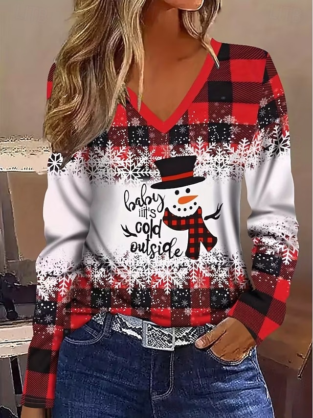 Christmas Women's T Shirt Graphic Vintage Stylish Classic Long Sleeve V Neck Regular Tops Daily Print Gray / Red Black+White+Red Black Wine Red Spring Fall Winter - Gray / Red