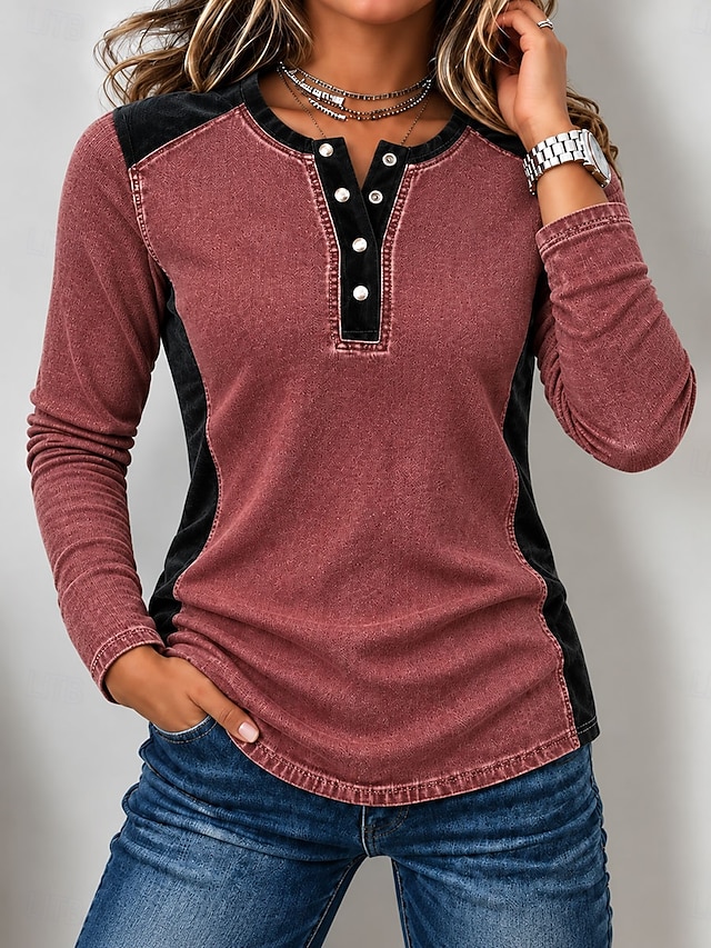 Women's Denim Shirt Blouse Henley Top Patchwork Plain Vintage Fashion Stylish Long Sleeve Lapel Regular Tops Casual Beach Blue Red Green Spring Fall Winter - Red