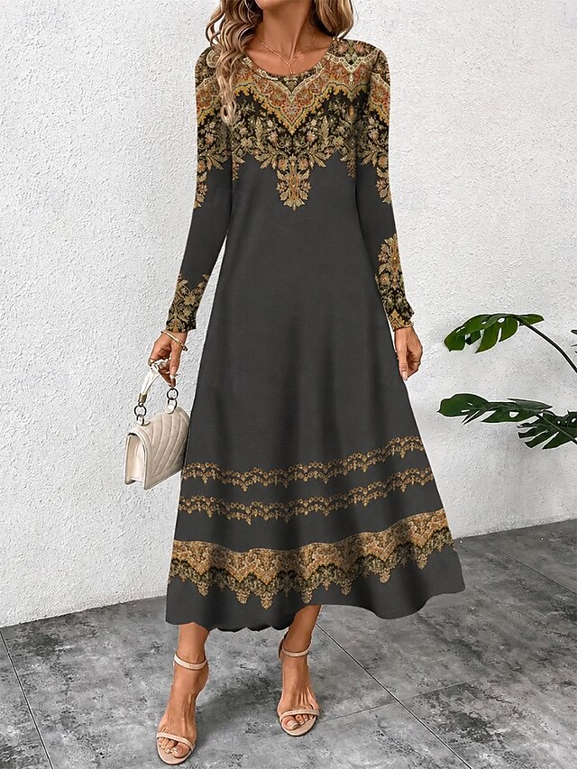 Women's Maxi Dress Boho Sheath Dress T Shirt Dress Tee Dress Vacation Casual Holiday Date Regular Fit Graphic Geometric Tribal Long Sleeve Crew Neck Blue Dark Brown Black Red Spring Fall - Black