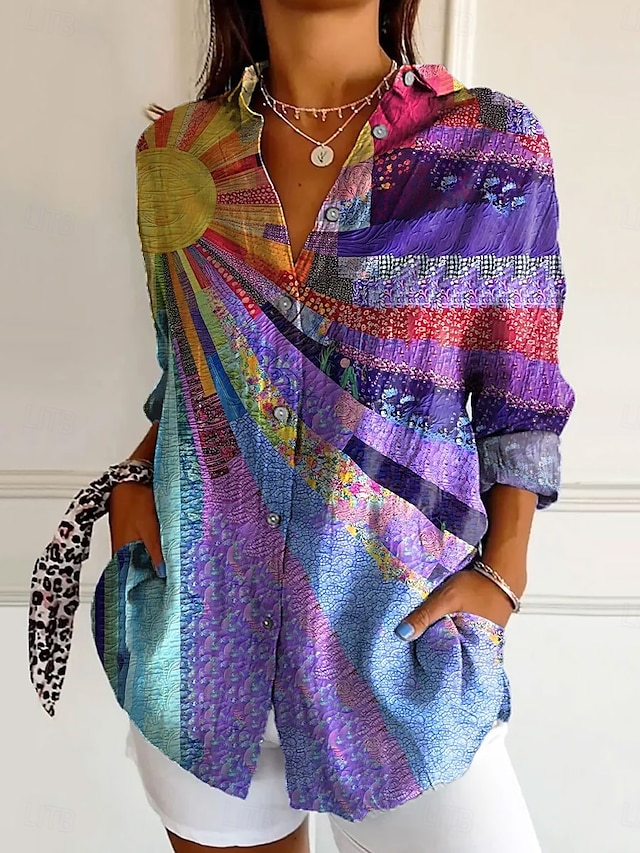 Women's Shirt Linen Like Breathable Lightweight Button Down Tunic Shirt Collar Long Sleeve Floral Casual Regular Tops Work Daily s Print White Yellow Pink Red Blue Spring Fall Winter - Purple