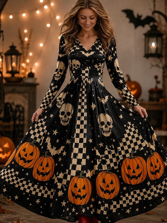 Halloween Women's Maxi Dress A Line Dress Vintage Boho Party Regular Graphic Skull Long Sleeve V Neck Black Yellow Red Orange Fall Winter - Orange