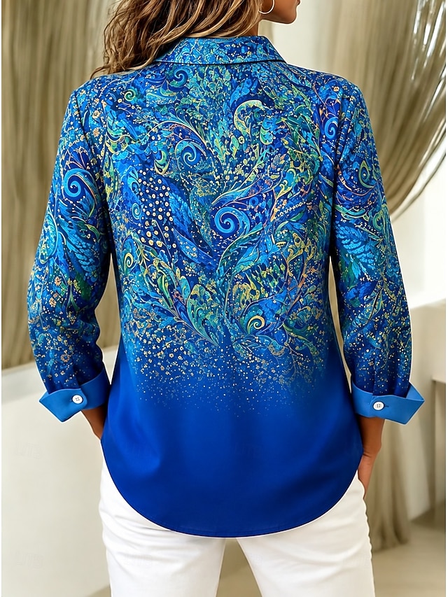 Women's Shirt Blouse Print Graphic Paisley Abstract Elegant Stylish Modern Long Sleeve Shirt Collar Regular Tops Casual Work Blue Wine Purple Orange Spring Fall Winter - Blue