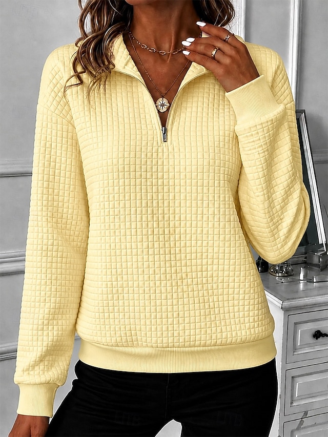 Women's Waffle Hoodies Textured Zip Up Sweatshirts Half Zip Casual Long Sleeve Half Zip Regular Tops Casual Black Yellow Pink Dark Blue Light Blue Summer Spring Fall - Yellow